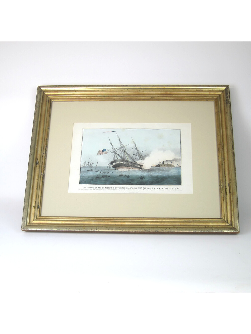 Currier & Ives Hand Colored Lithograph Print Civil War Sinking of the Cumberland